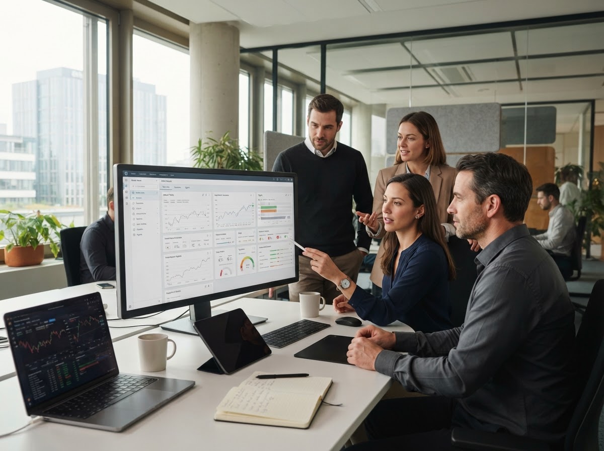 Ein Team analysiert Daten und Diagramme auf einem großen Computermonitor
