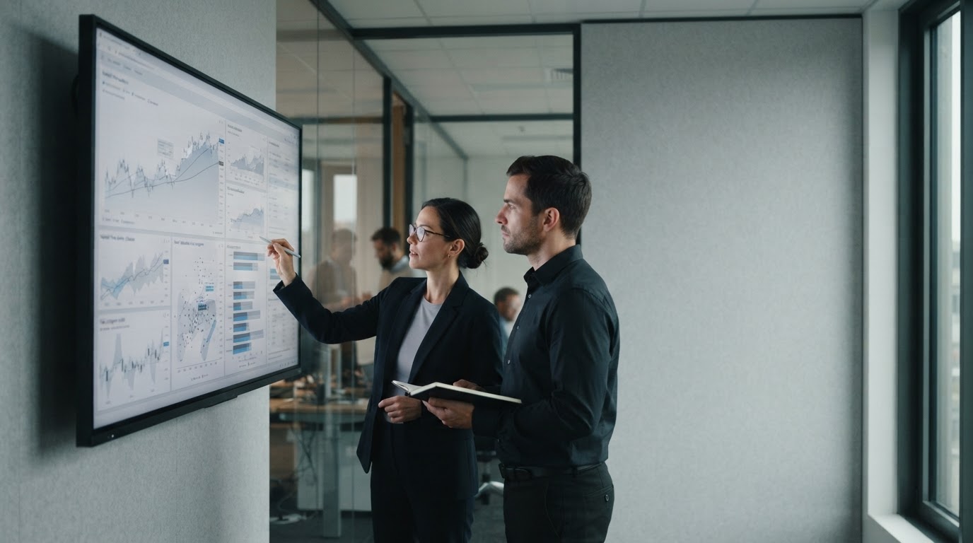 Zwei Personen analysieren Diagramme auf einem großen Bildschirm